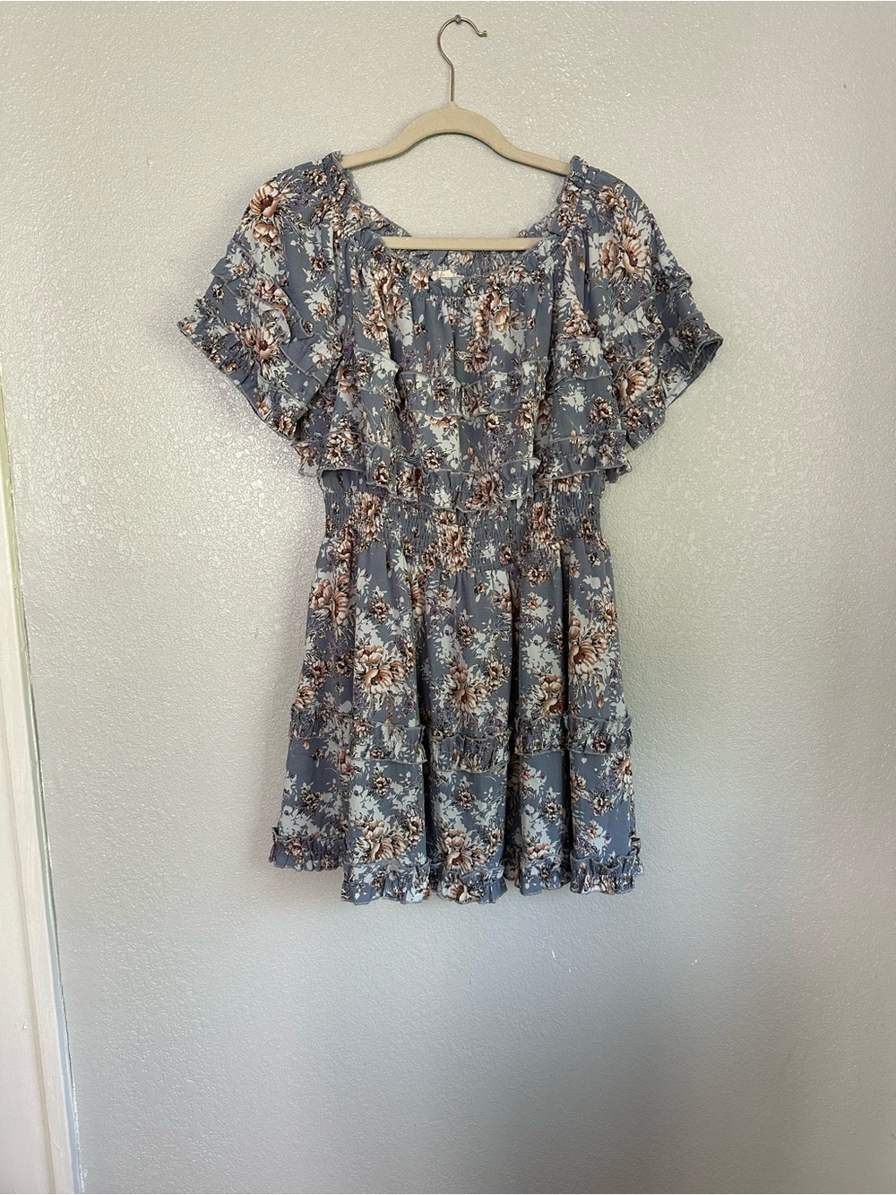 ee:some Grey Floral Off the Shoulder Tiered Flowy Mini Dress